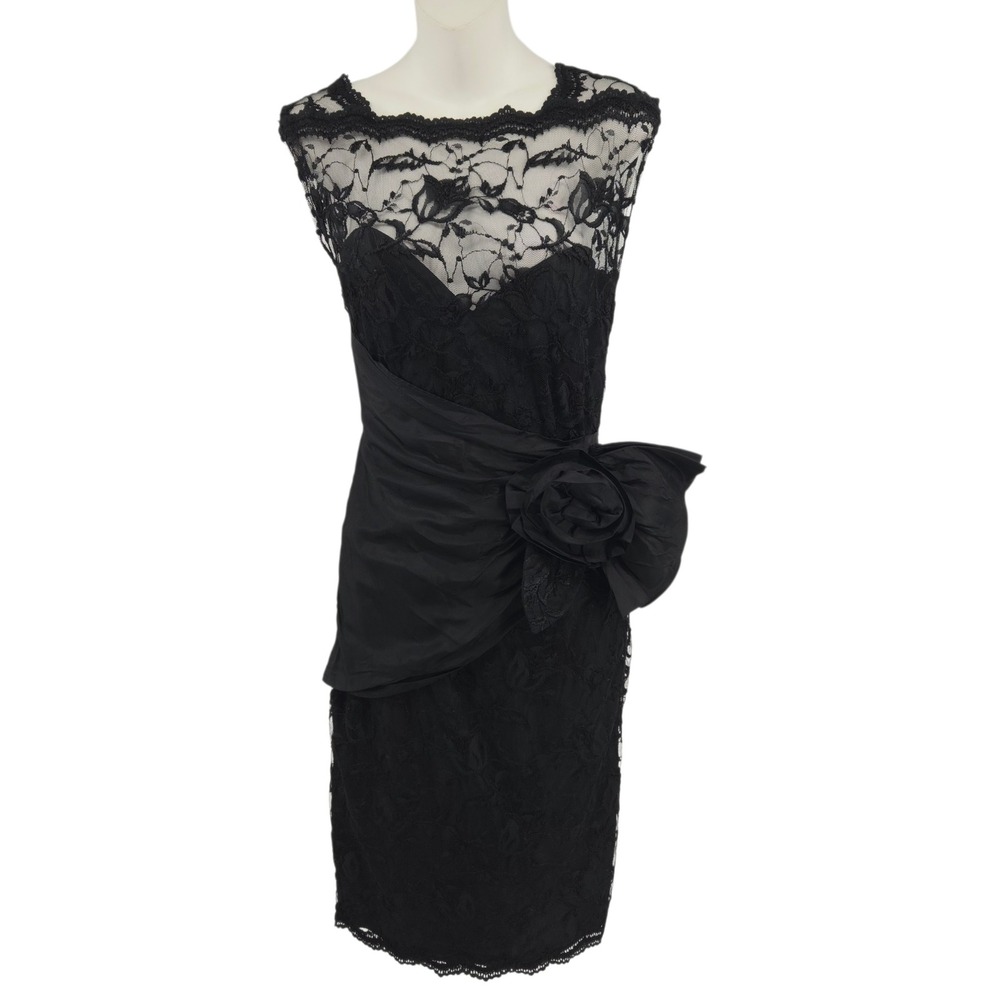 Dovizia Cocktail Dress Size 6 Black Lace Floral Rosette Evening Gown LBD Vintage